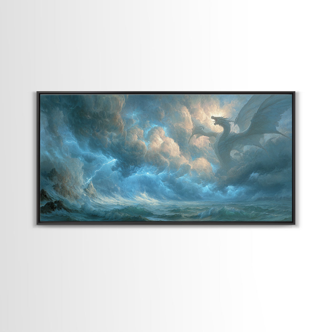 Storm Dragon Above Raging Ocean Canvas Print, Epic Fantasy Wall Art, Moody Seascape Decor For Living Room And Office Decor
