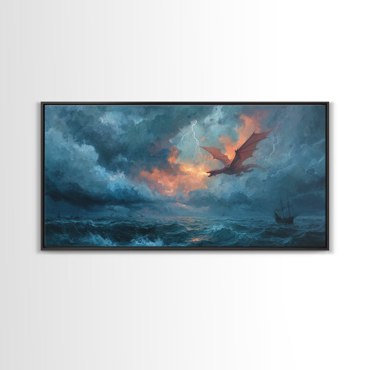 Storm Dragon Flying Over Ocean Ship Canvas Print, Fantasy Wall Art, Nautical Seascape Decor, Dramatic Coastal Art, Gift For Him