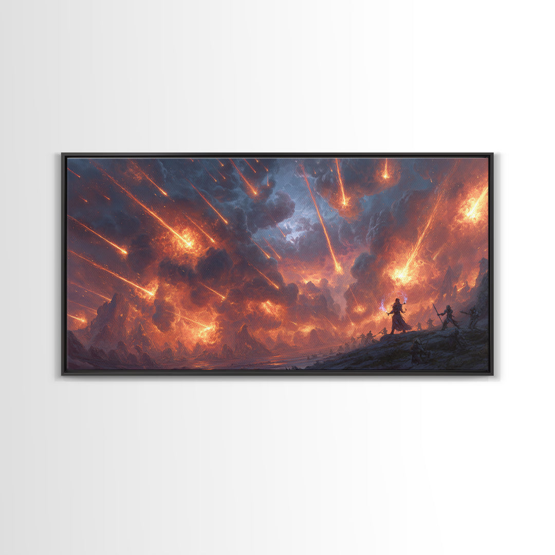 Meteor Storm Apocalypse Canvas Print, Fiery Fantasy Battlefield Scene, Dark Fantasy Art, Gaming Room Decor, Statement Wall Art