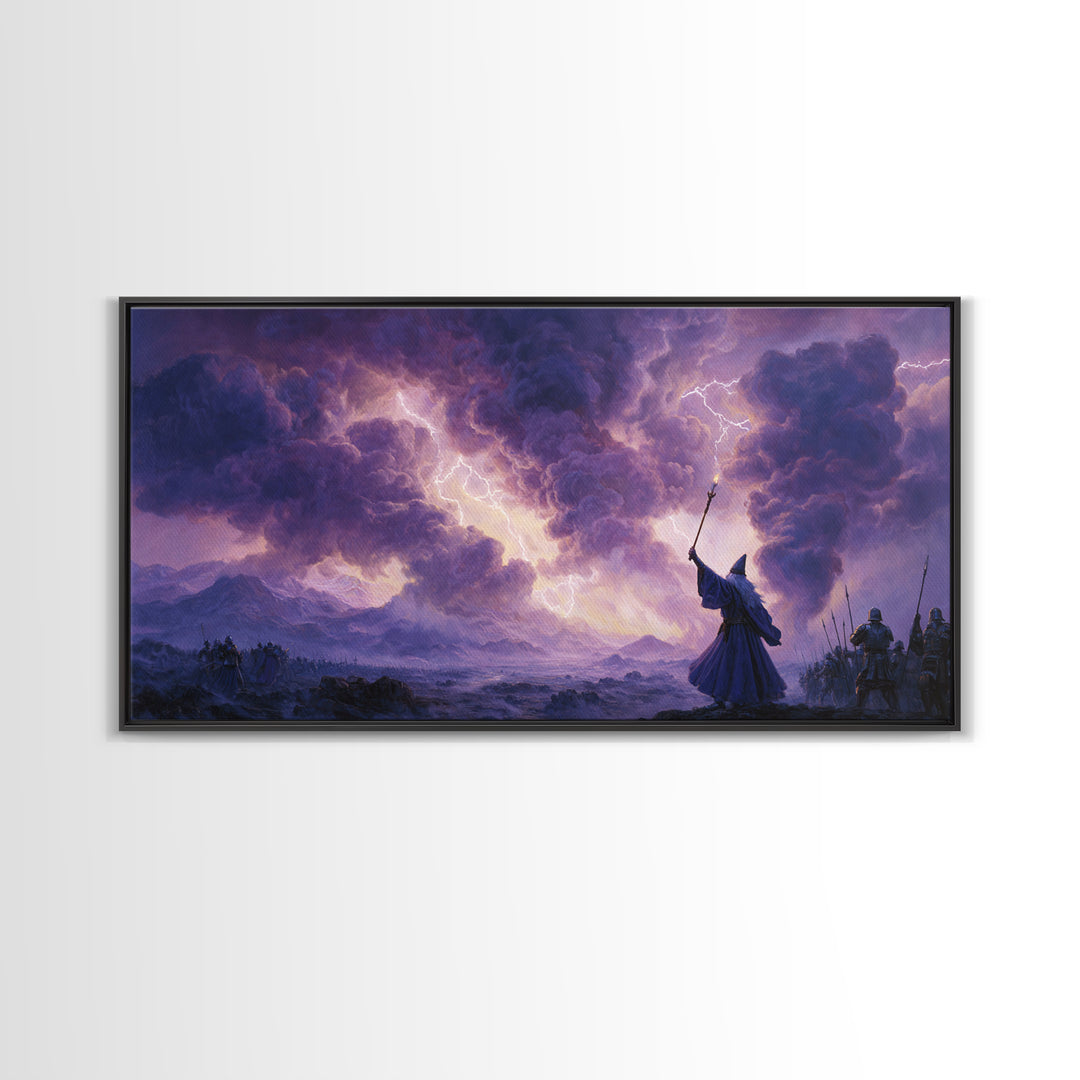 Wizard Lightning Storm Canvas Print, Epic Fantasy Wall Art, Dark Magic Battle Scene, Dramatic Landscape Decor For Game Room