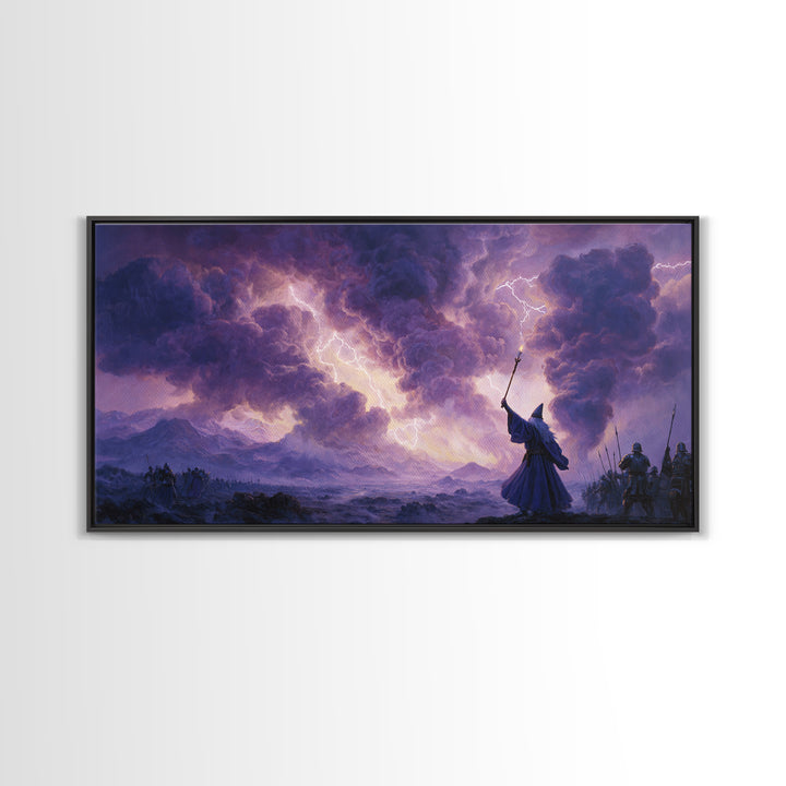 Wizard Lightning Storm Canvas Print, Epic Fantasy Wall Art, Dark Magic Battle Scene, Dramatic Landscape Decor For Game Room