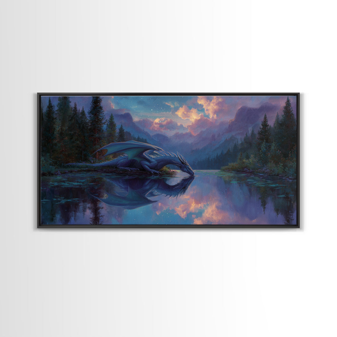 Blue Dragon Resting By Moonlit Lake Canvas Print, Fantasy Wildlife Art Print, Mystical Mountain Decor For Nursery Or Bedroom