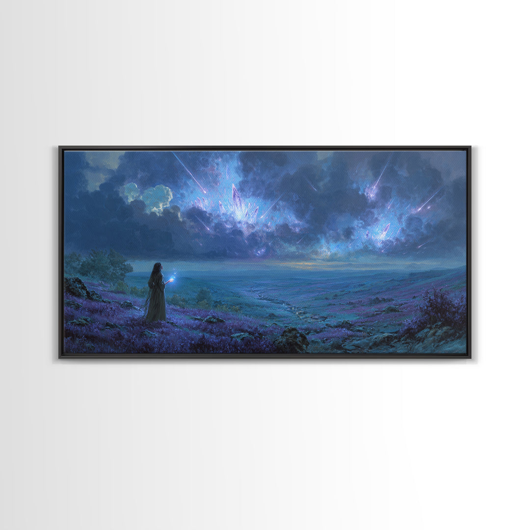 Cosmic Sorceress Under Meteor Sky Wall Art, Fantasy Landscape Canvas, Celestial Space Decor, Mystical Blue Home Decor Gift