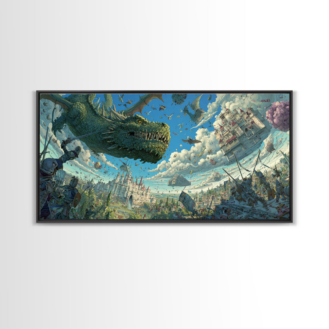 Skyborne Dragon Over Floating Castle Canvas Print, Whimsical Fantasy Wall Art, Surreal Art Print, Kids Room Decor, Nursery Decor