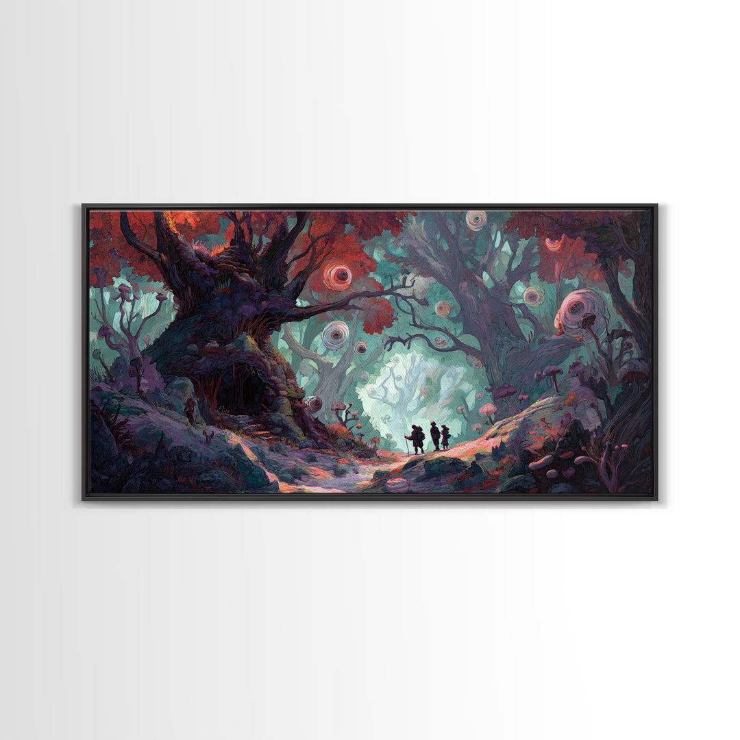 Enchanted Forest Path With Glowing Orbs Wall Art, Fantasy Woodland Canvas Print, Whimsical Fairy Tale Home Decor, Living Room Decor