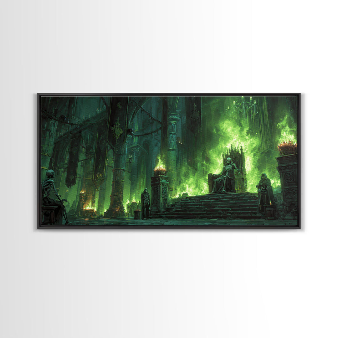 Emerald Gothic Throne Room With Skeletons Canvas Print, Dark Fantasy Art, Moody Wall Decor, Surreal Statement Art For Living Room
