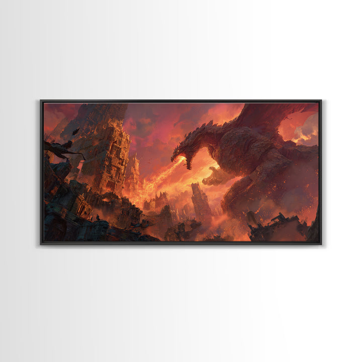 Fire Breathing Dragon Over Ruined City Canvas Print, Dark Fantasy Wall Art, Apocalyptic Decor, Gaming Room Statement Art