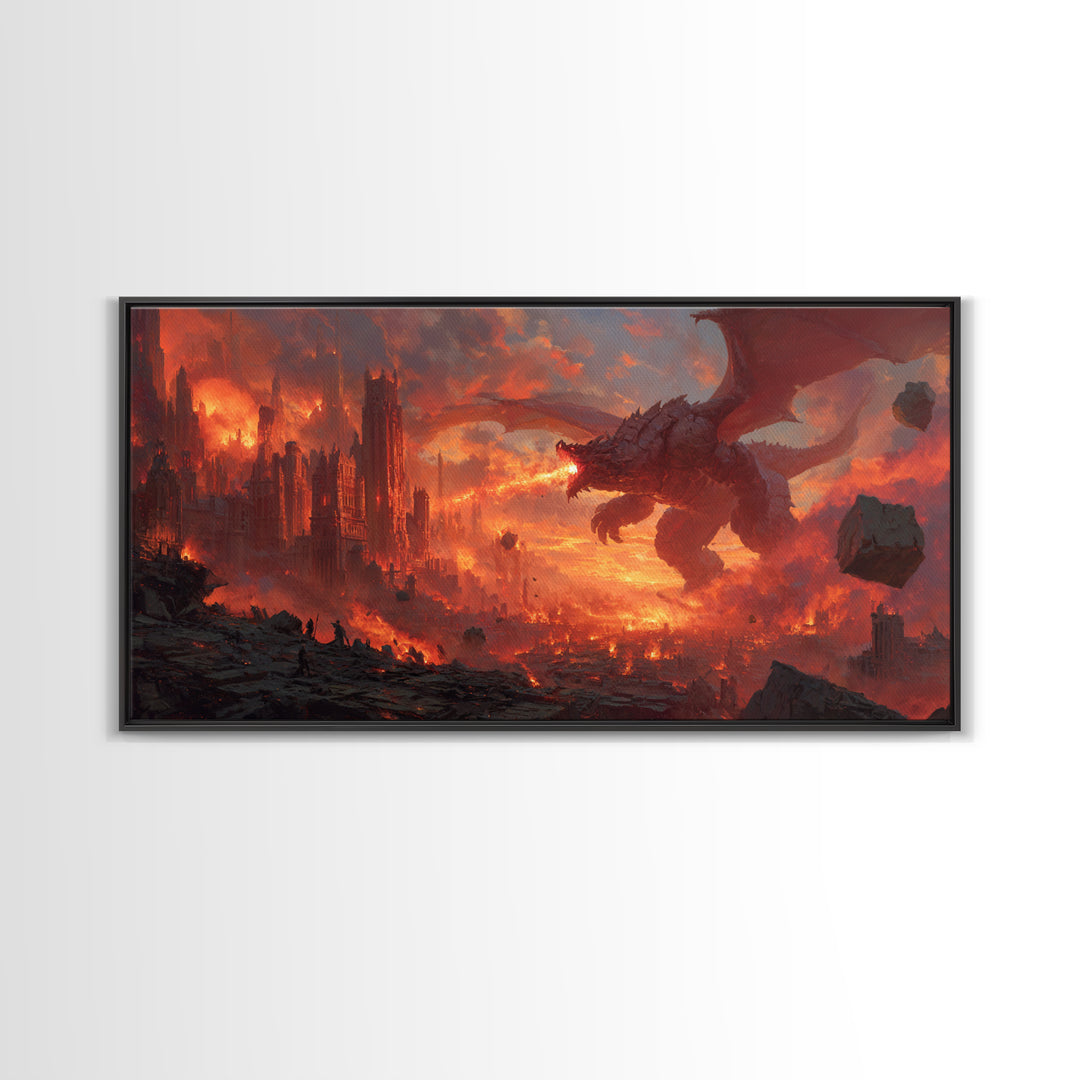 Fire Breathing Dragon Over Burning City Canvas Print, Dark Fantasy Wall Art, Epic Gothic Decor, Gaming Room Gift For Him