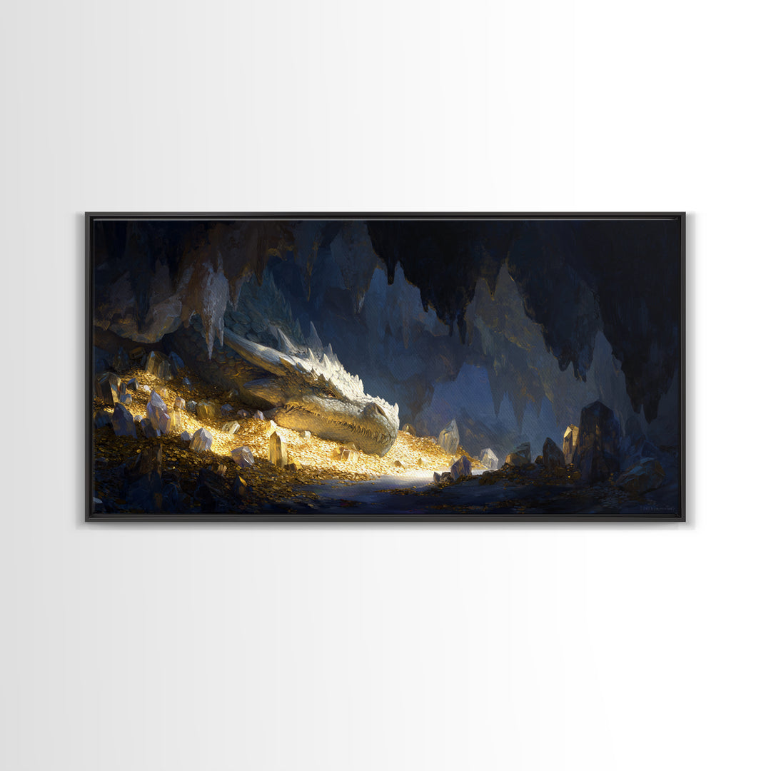 Sleeping Dragon In Golden Cave Wall Art, Fantasy Canvas Print, Mythical Creature Decor, Dark Academia Home Decor, Gift For Him