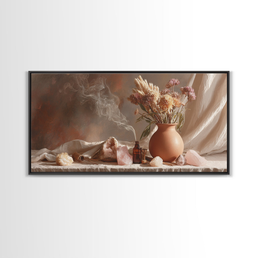 Dried Flowers And Rose Quartz Still Life Wall Art, Boho Apothecary Decor, Neutral Botanical Canvas Print, Gift For Her, Modern Home Decor