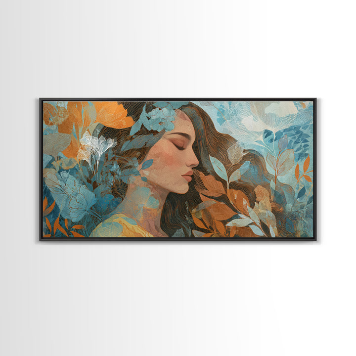 Serene Woman With Blue Botanicals Canvas Print, Abstract Floral Portrait, Modern Wall Art For Living Room Decor, Gift For Her