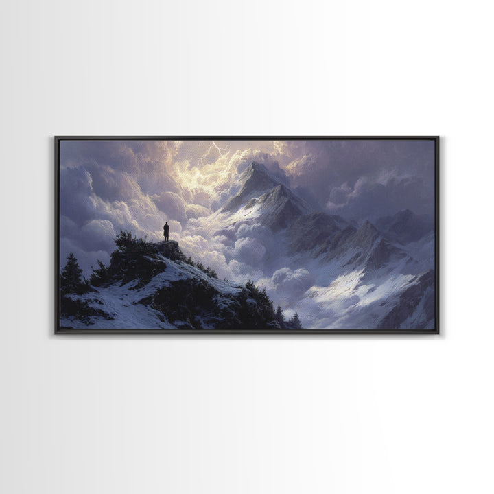 Stormy Snow Mountain Landscape Wall Art, Dramatic Alpine Canvas Print, Moody Nature Decor, Adventure Gift For Him, Living Room Decor