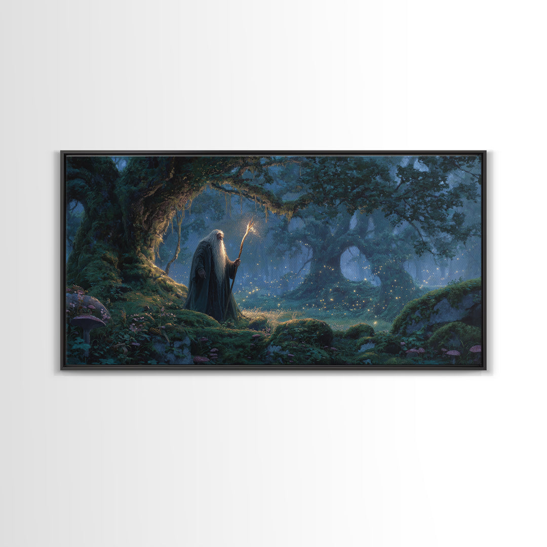 Wizard In Moonlit Enchanted Forest Canvas Print, Fantasy Wall Art, Magical Woodland Decor For Cozy Reading Nook Gift For Her