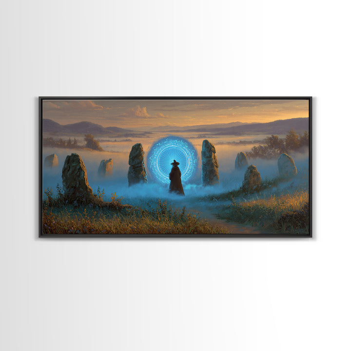 Mystic Portal Stone Circle Canvas Print, Blue Magical Landscape Wall Art, Fantasy Decor, Witchy Celestial Art Print Gift
