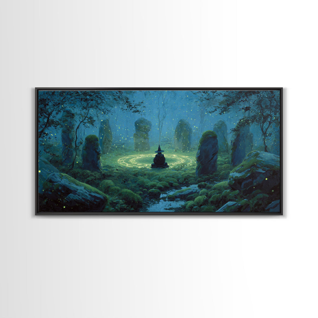 Glowing Stone Circle Witch In Enchanted Forest Canvas Print, Mystical Wall Art, Pagan Decor, Magical Nursery Art, Whimsical Home Decor