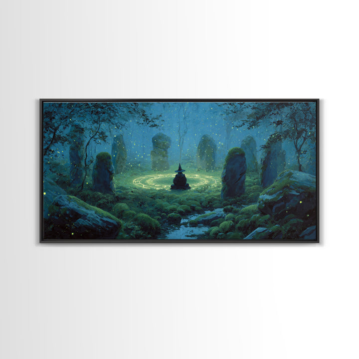 Glowing Stone Circle Witch In Enchanted Forest Canvas Print, Mystical Wall Art, Pagan Decor, Magical Nursery Art, Whimsical Home Decor