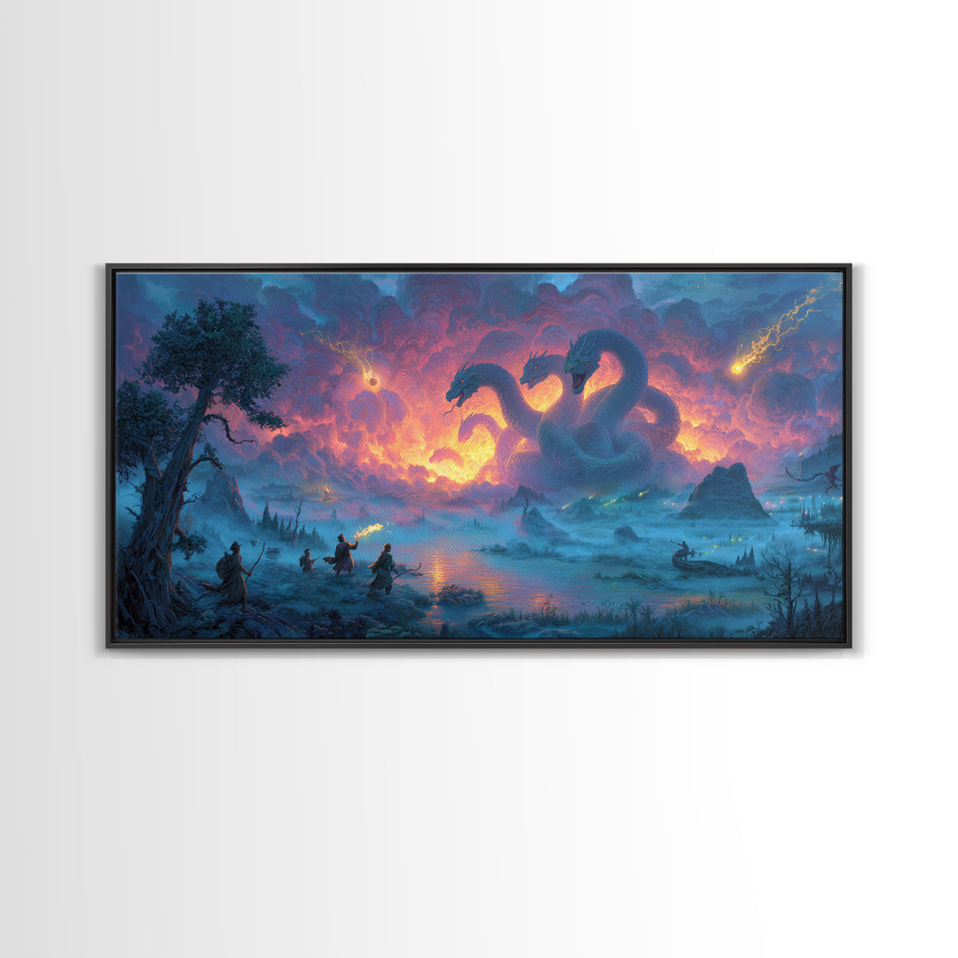 Three Headed Hydra Lake Wall Art, Epic Fantasy Canvas Print, Dragon Battle Decor, Mythical Creature Art For Game Room Decor