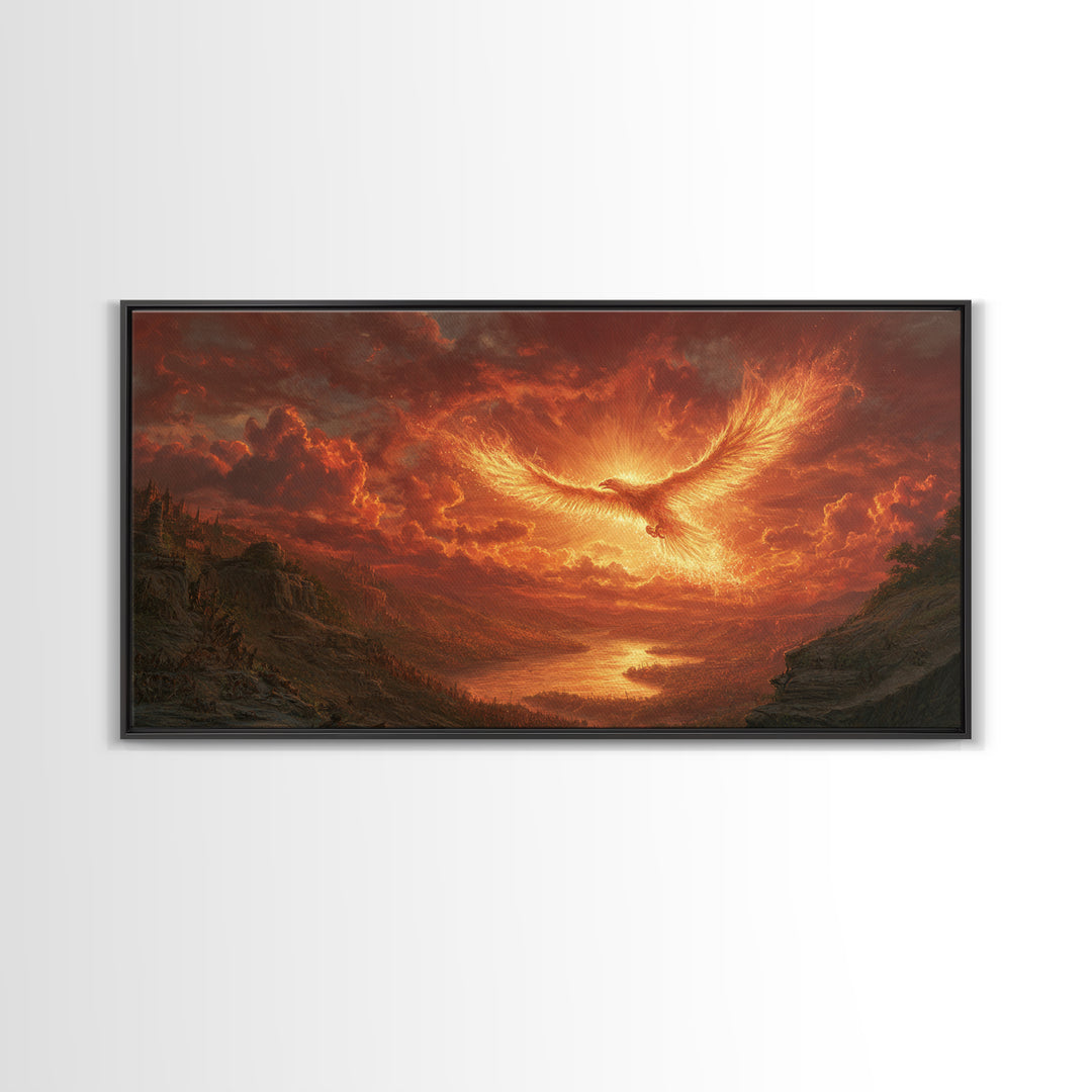 Fiery Phoenix Over Epic Valley Canvas Print, Fantasy Wall Art, Mythical Bird Painting For Gaming Room And Dramatic Home Decor