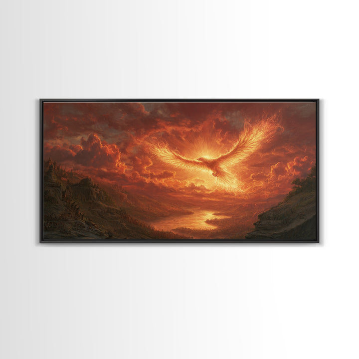 Fiery Phoenix Over Epic Valley Canvas Print, Fantasy Wall Art, Mythical Bird Painting For Gaming Room And Dramatic Home Decor