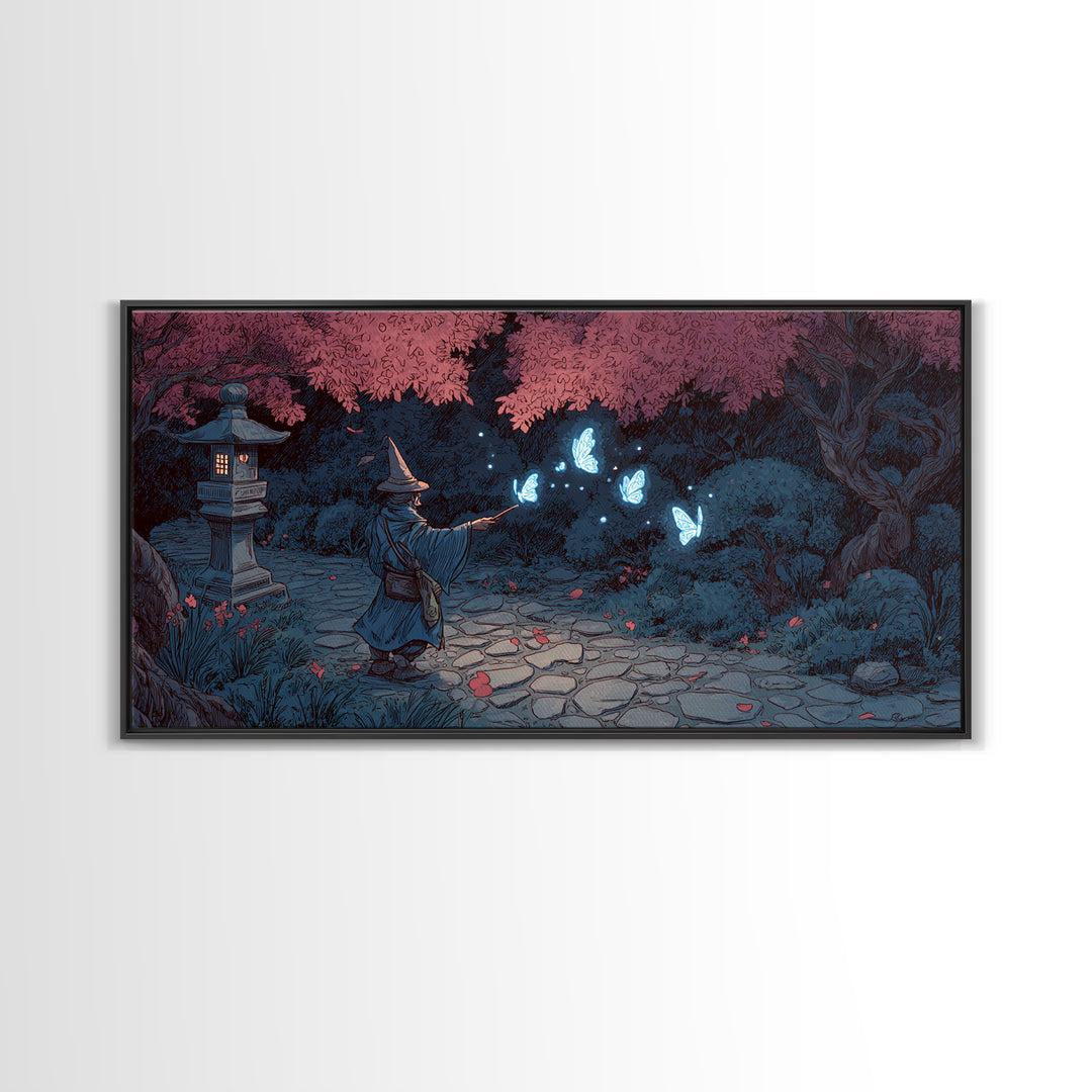 Wizard In Cherry Blossom Garden Wall Art, Magical Blue Butterfly Canvas Print, Japanese Fantasy Decor For Kids Room And Nursery