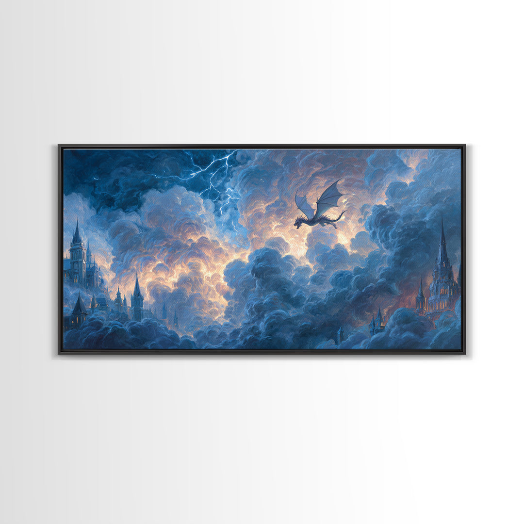 Storm Dragon Soaring Over Cloud Castles Framed Canvas Print, Fantasy Wall Art, Dramatic Sky Art, Medieval Home Decor, Gift For Him