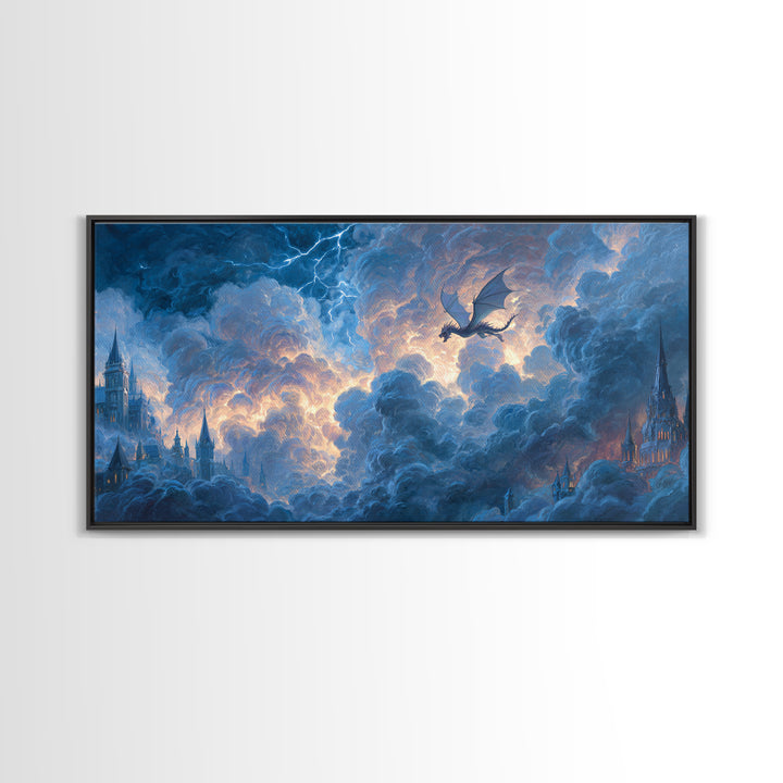 Storm Dragon Soaring Over Cloud Castles Framed Canvas Print, Fantasy Wall Art, Dramatic Sky Art, Medieval Home Decor, Gift For Him