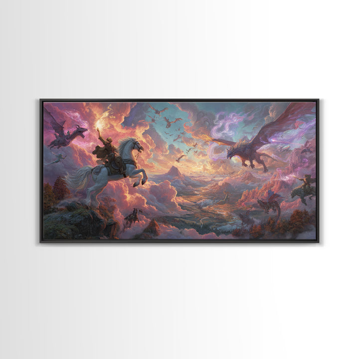 Knight And Dragons Battle Wall Art, Winged Fantasy Sky Canvas, Epic Medieval Adventure Decor, Large Mythical Art Print Gift