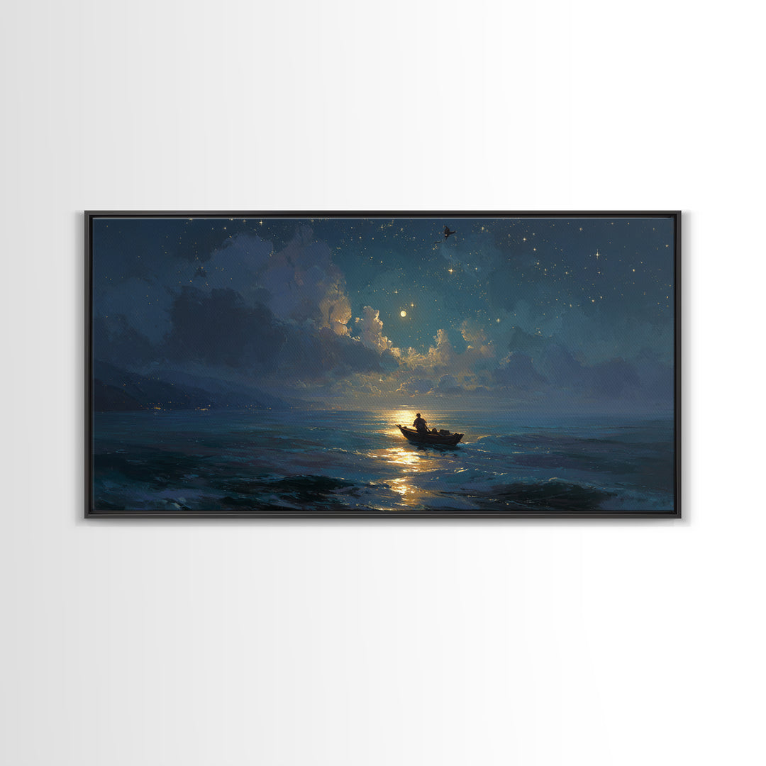 Moonlit Ocean Boat Under Starry Sky Wall Art, Celestial Seascape Canvas Print, Nautical Decor, Romantic Coastal Artwork Gift