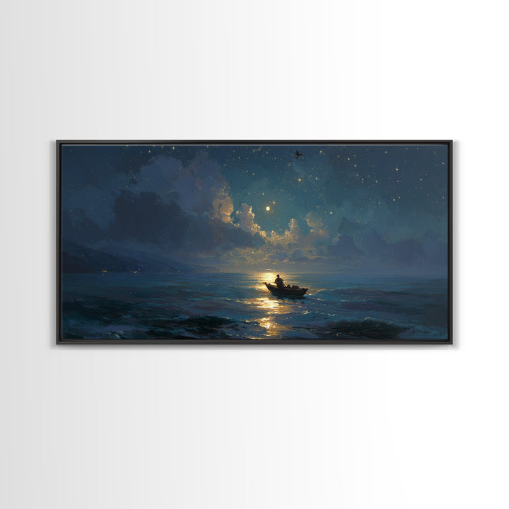 Moonlit Ocean Boat Under Starry Sky Wall Art, Celestial Seascape Canvas Print, Nautical Decor, Romantic Coastal Artwork Gift