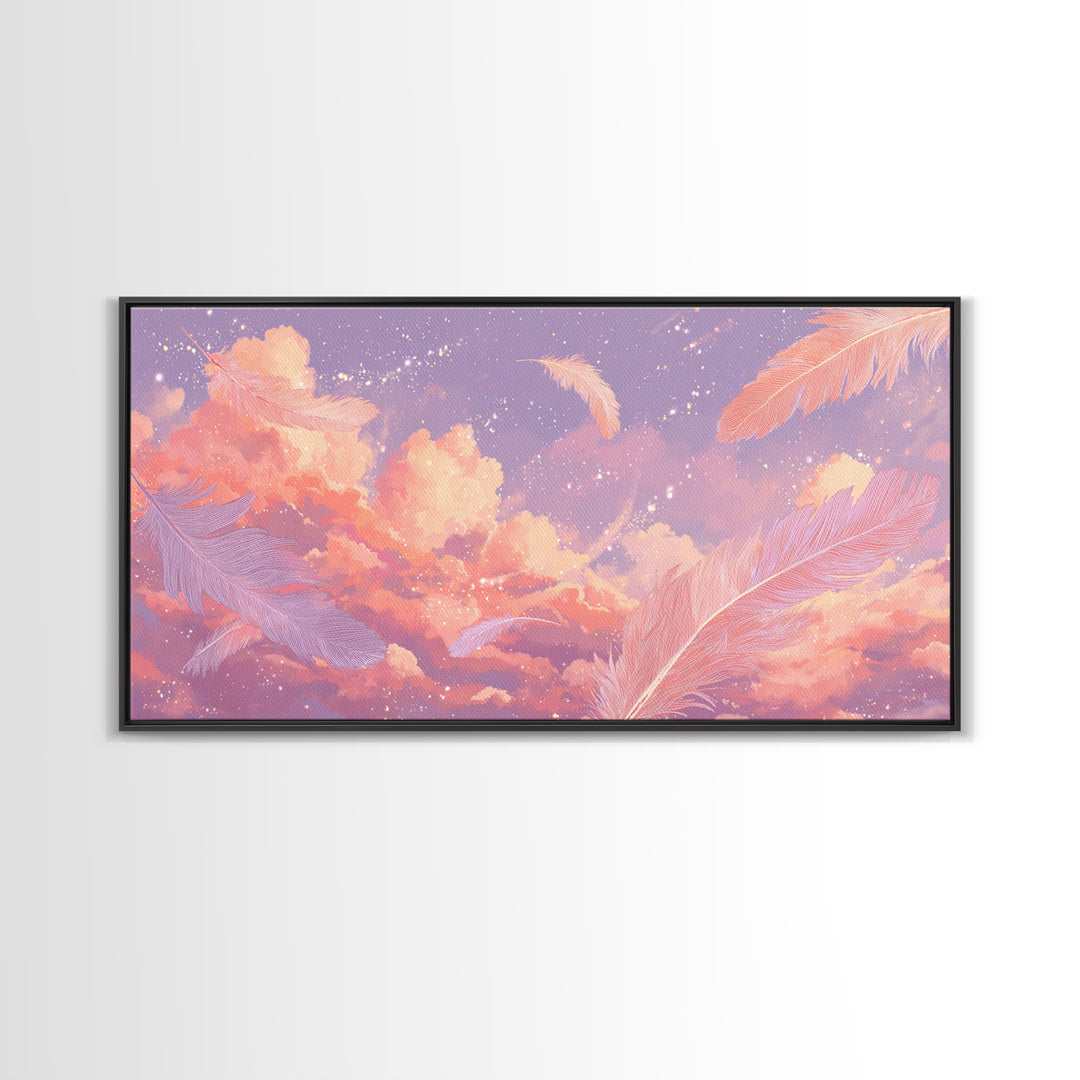 Peach Pink Cloudscape With Feathers Wall Art, Celestial Pastel Sky Canvas Print, Dreamy Nursery And Bedroom Decor, Gift For Her