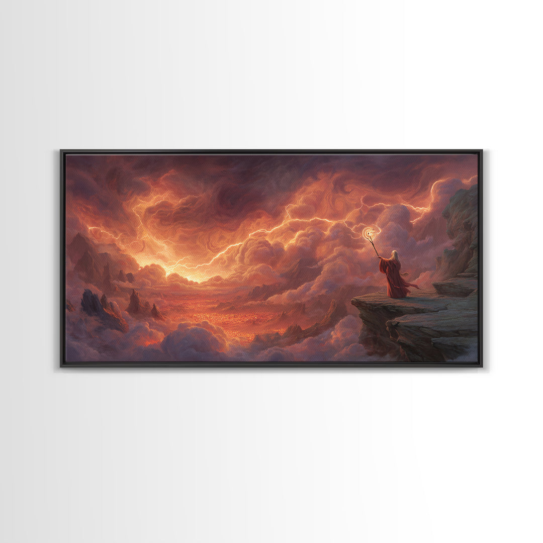 Wizard On Cliff Above Fiery Clouds Wall Art, Epic Fantasy Landscape, Mystical Magic Decor, Dramatic Canvas Print, Gift For Him