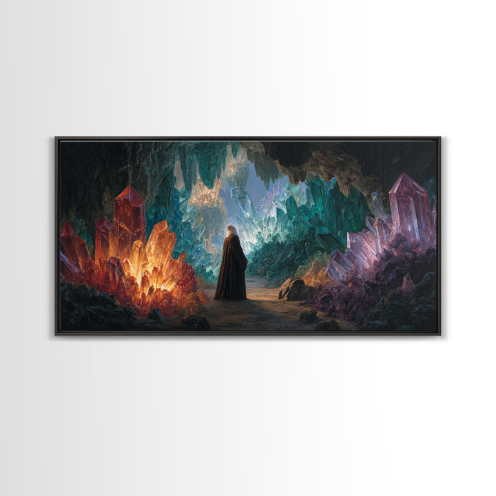 Glowing Crystal Cavern Wall Art, Fantasy Cave Canvas Print, Jewel Tone Decor, Mystical Landscape, Unique Gift For Her Decor