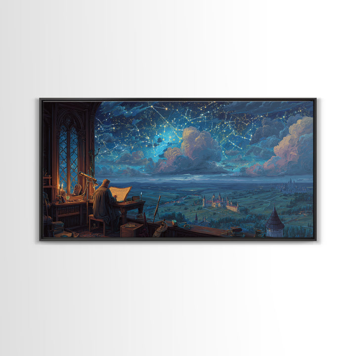Scholar Studying A Starry Medieval Sky Wall Art, Gothic Library Decor, Fantasy Castle Landscape, Dark Academia Print, Book Lover Gift
