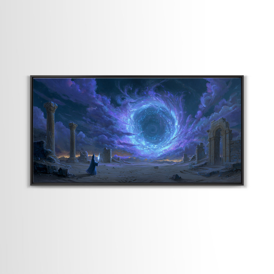 Wizard Portal Ruins Wall Art, Cosmic Vortex Fantasy Canvas, Mystical Dark Magic Decor, Surreal Landscape Art Print For Game Room