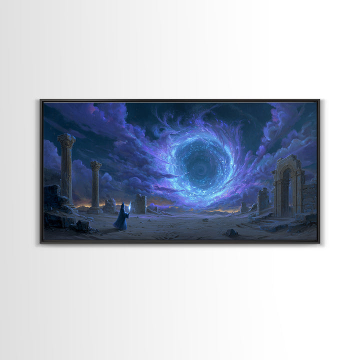 Wizard Portal Ruins Wall Art, Cosmic Vortex Fantasy Canvas, Mystical Dark Magic Decor, Surreal Landscape Art Print For Game Room
