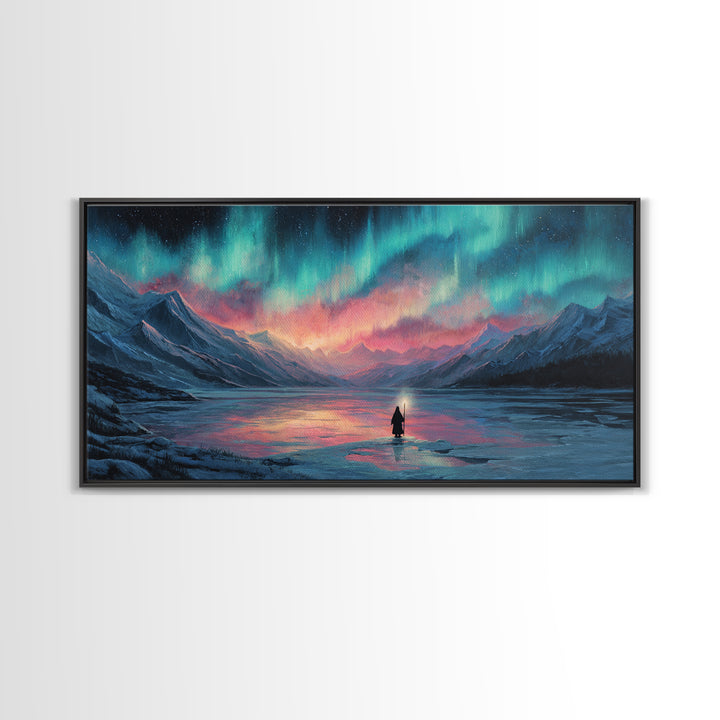 Northern Lights Over Mountain Lake Canvas Print, Aurora Wall Art, Peaceful Landscape For Cabin Decor And Above Bed Wall Decor