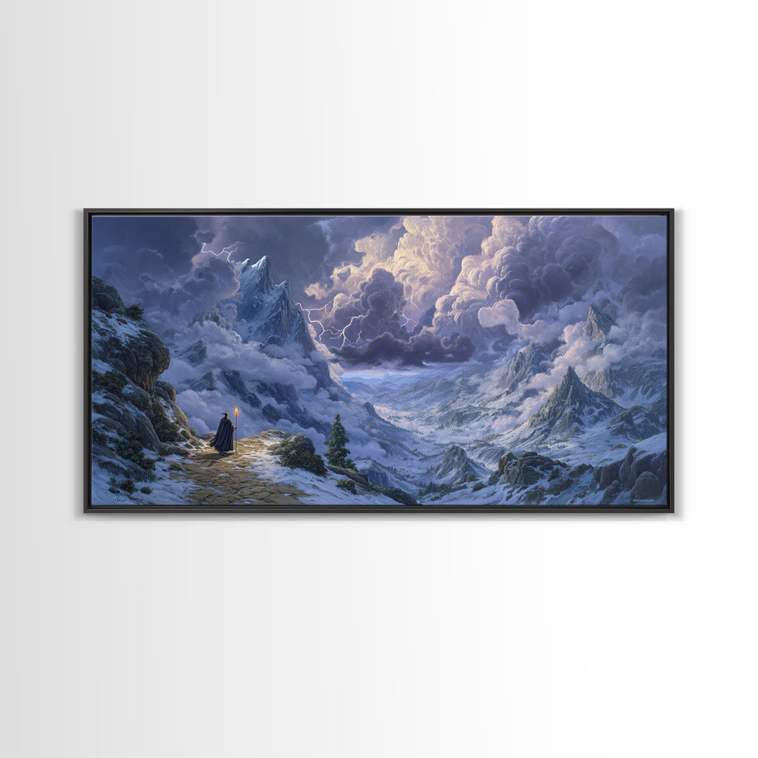Snowy Mountain Wizard Wall Art, Epic Fantasy Canvas Print, Dungeons And Dragons Decor, Winter Landscape, Gamer Gift, Gift For Him