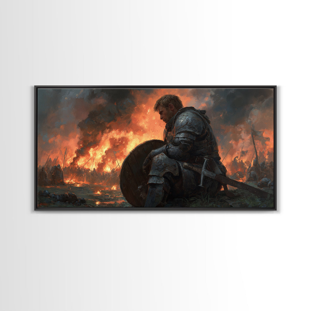 Wounded Medieval Knight On Burning Battlefield Wall Art, Dark Fantasy Warrior Canvas, Gothic Man Cave Decor, Gift For Him