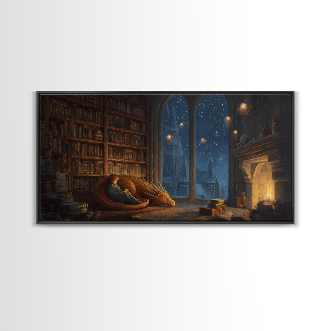 Sleeping Dragon In Cozy Library Wall Art, Fantasy Book Nook Canvas Print, Dark Academia Decor, Gift For Book Lover And Reader