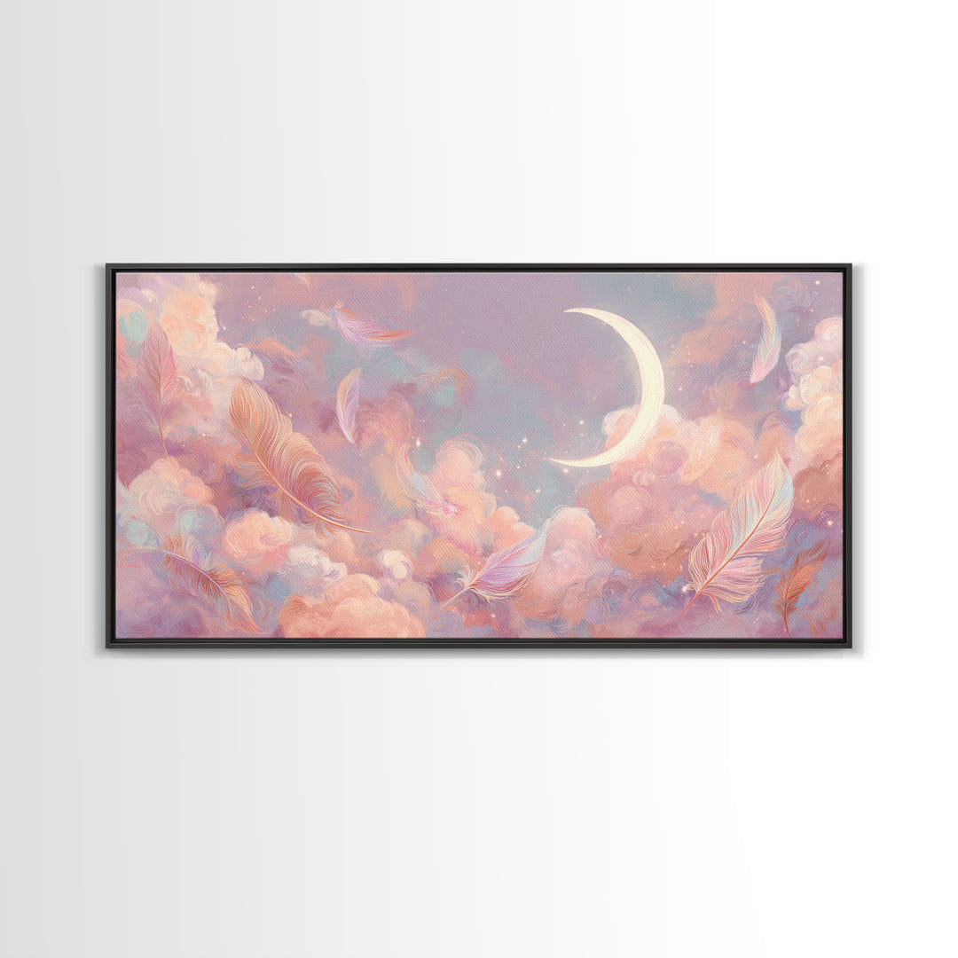 Crescent Moon And Pastel Feather Clouds Canvas Print, Celestial Wall Art, Soft Pink Nursery Decor, Dreamy Bedroom Decor, Gift