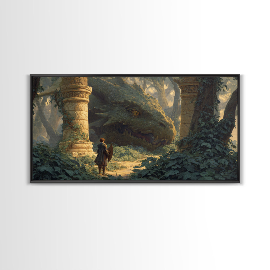 Ancient Forest Dragon Encounter Canvas Print, Fantasy Adventure Artwork, Medieval Ruins Decor, Dragon Art Print, Gift For Gamer