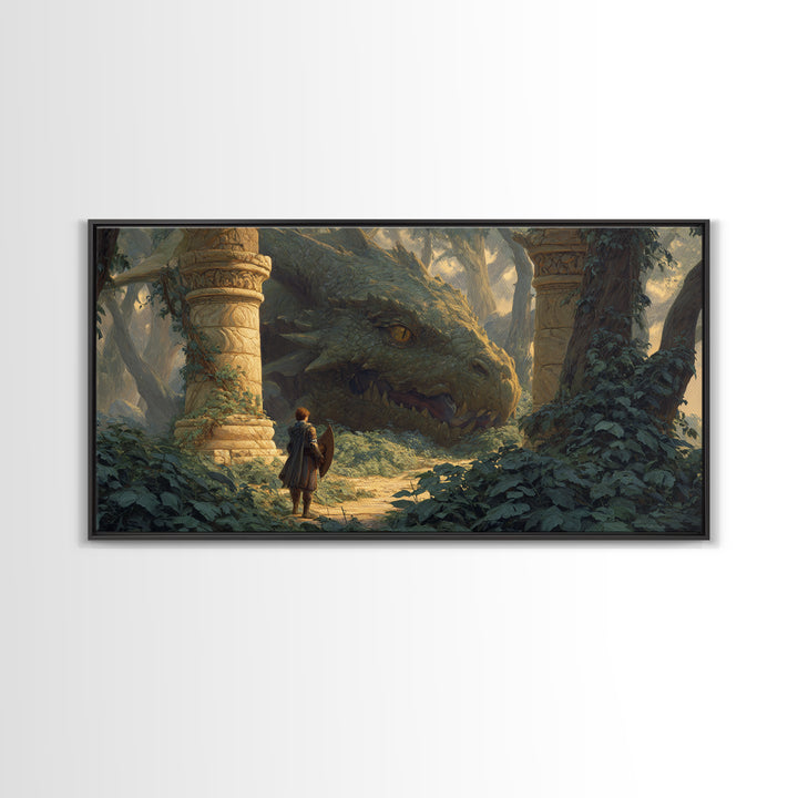 Ancient Forest Dragon Encounter Canvas Print, Fantasy Adventure Artwork, Medieval Ruins Decor, Dragon Art Print, Gift For Gamer