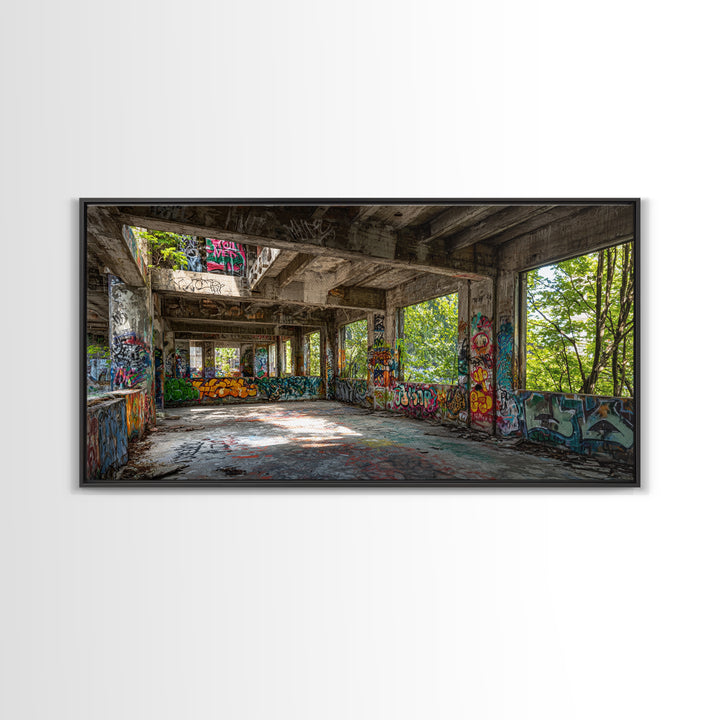 Abandoned Graffiti Warehouse Canvas Print, Urban Decay Wall Art, Industrial Street Art Decor, Edgy Loft Photography Print