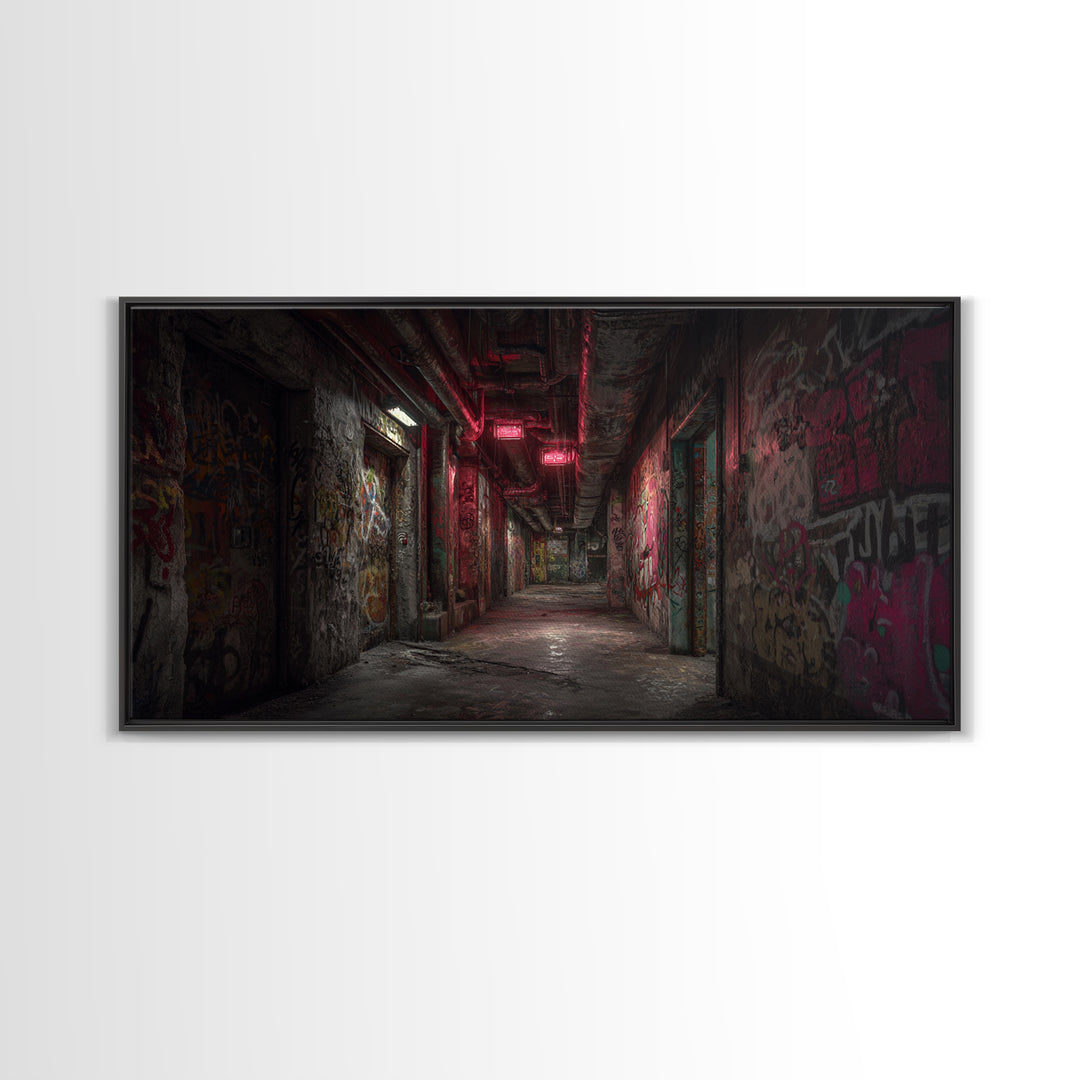 Abandoned Graffiti Corridor With Red Neon Wall Art, Urban Street Art, Industrial Decor, Grunge Poster, Office Wall Decor