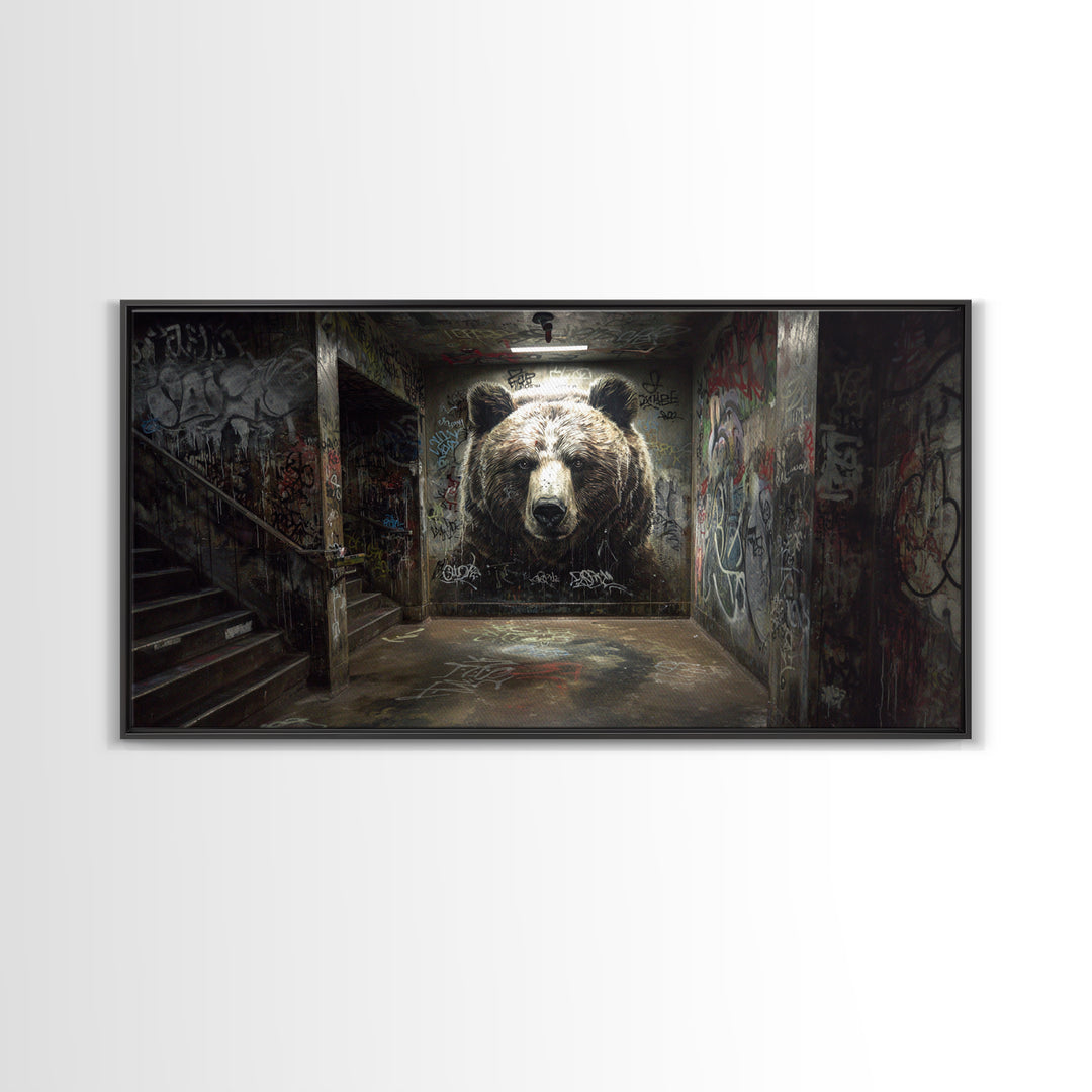 Giant Bear Graffiti Tunnel Wall Art, Urban Street Art Print, Edgy Industrial Decor, Modern Office Poster, Wildlife Mural