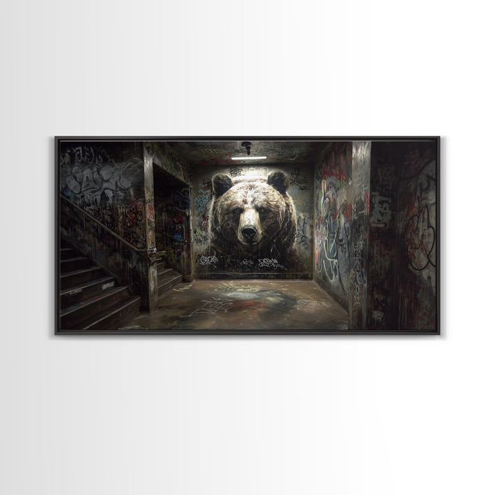 Giant Bear Graffiti Tunnel Wall Art, Urban Street Art Print, Edgy Industrial Decor, Modern Office Poster, Wildlife Mural