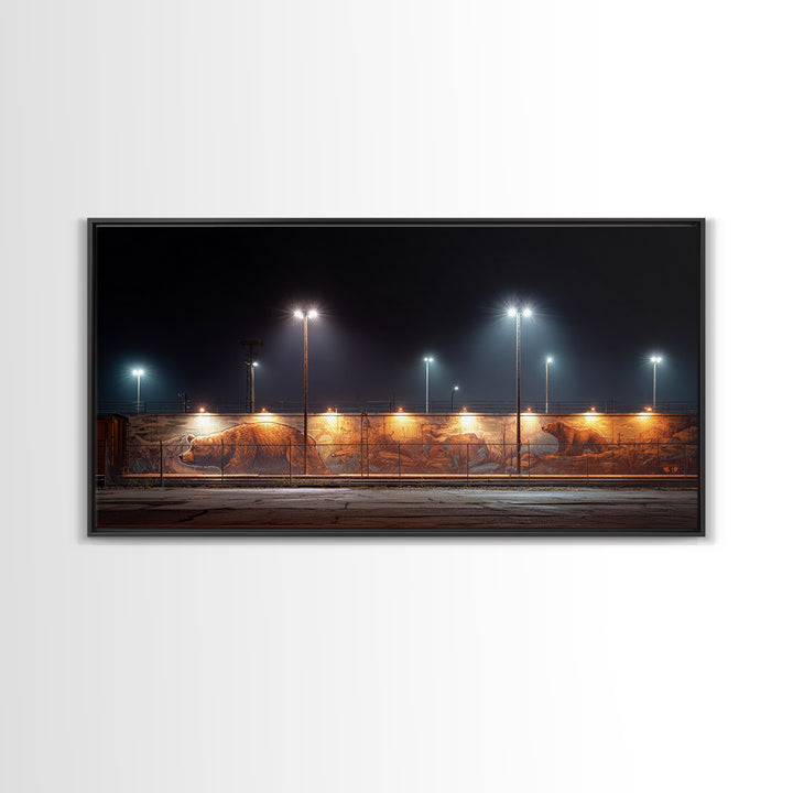 Night Industrial Light Yard Wall Art, Urban Street Photography Style Canvas, Moody Office Decor, Modern Loft Print For Him