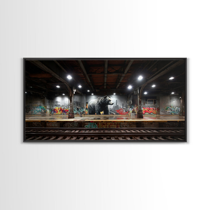 Urban Bear In Graffiti Subway Station Wall Art, Industrial Wildlife Canvas, Modern Street Art Print For Loft And Man Cave Decor