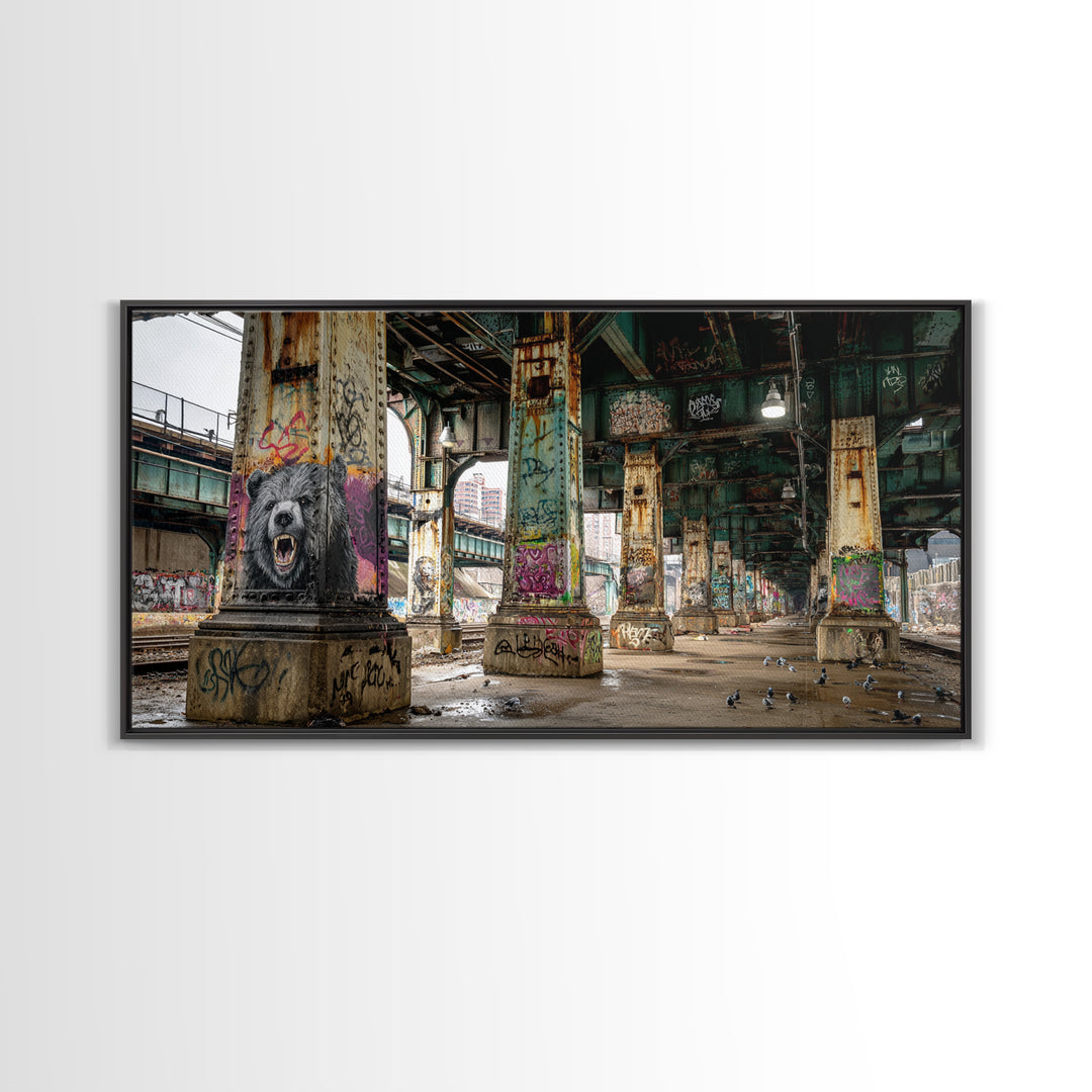 Graffiti Bear Underpass Wall Art, Urban Street Art Canvas Print, Industrial Decor, Man Cave Poster, Modern Wall Decor Print