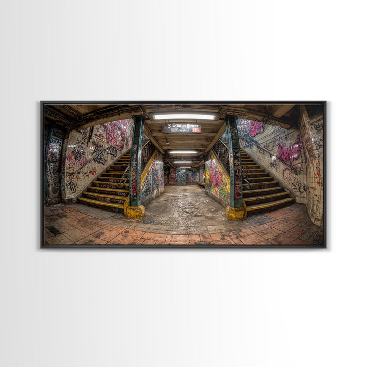 Graffiti Subway Stairwell Framed Canvas Print, Urban Street Art Wall Decor, Gritty Industrial Office Wall Art For Living Room